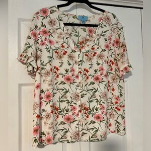 CeCe Floral Blouse with Pink and Red Accents